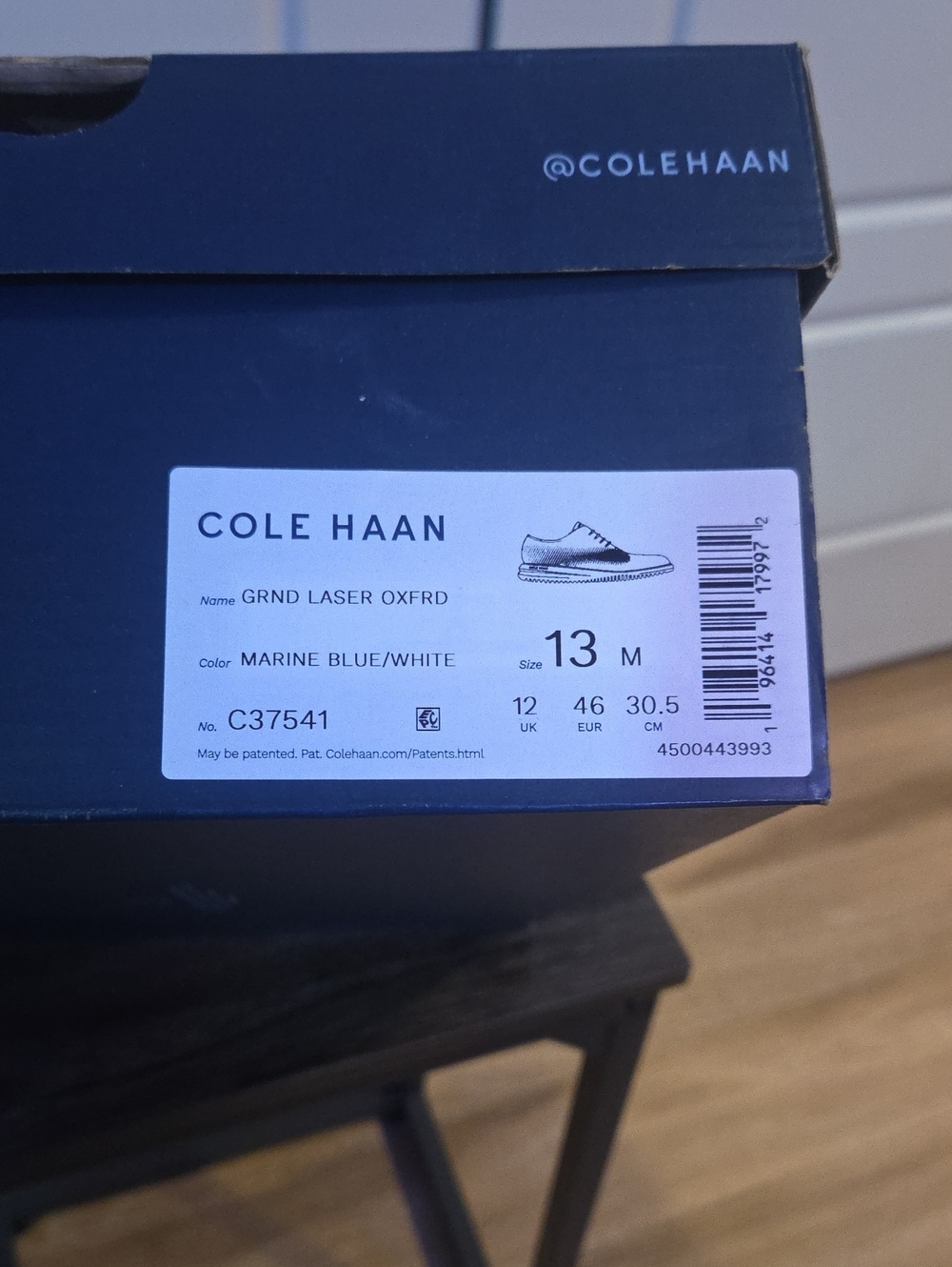 Cole Haan Marine Blue and White GRND Laser Oxford Shoe Box Label